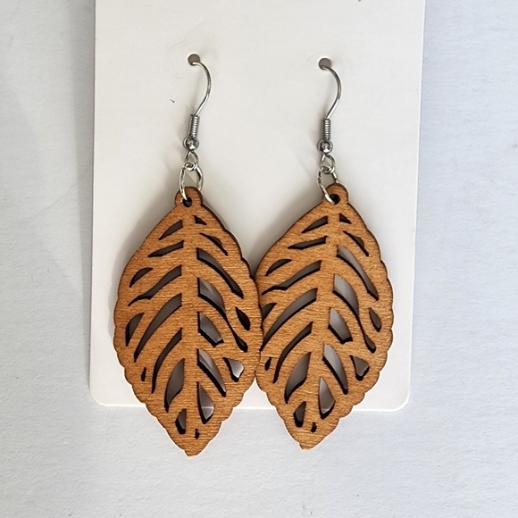 Leaf Wood Earrings, Long Wood Earrings - Picture 2 of 4